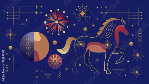 A stylized illustration featuring a horse fireworks and celestial elements