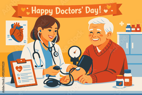 Female Doctor Taking Blood Pressure of Senior Patient for Doctors' Day
