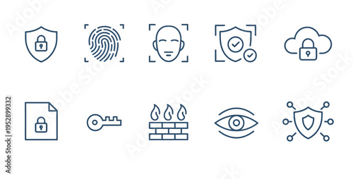 Cyber security icons: shield, fingerprint, face scan, key, firewall, eye, and network