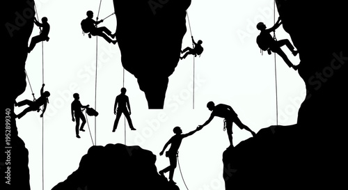 Silhouettes of mountaineers climbing steep rock faces and assisting each other during the ascent