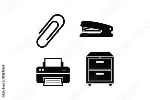 Black and white office supplies icon set - Office equipment minimalist icon collection