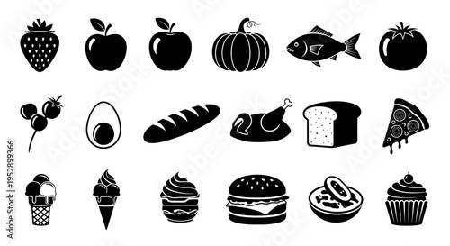 A collection of eighteen black and white vector icons representing various food and drink items