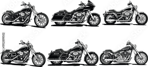 Set of detailed cruiser motorcycle illustrations, black and white vector collection of classic chopper bikes for transport design, branding, and automotive graphics