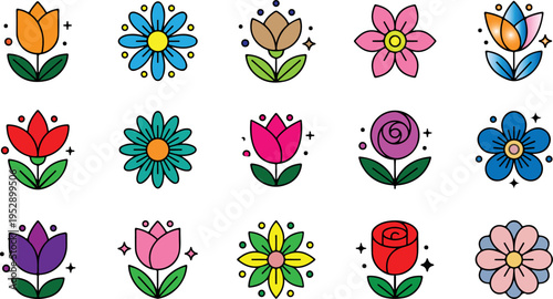 Collection of colorful flat design flower icons with transparent stems and leaves, isolated on transparent background