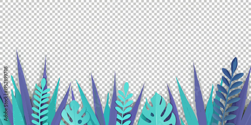Abstract tropical leaves in shades of blue and teal paper cut style