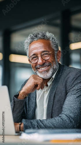 Experienced professional with gray hair and glasses smiling confidently while working on laptop in modern office environment, radiating wisdom and success