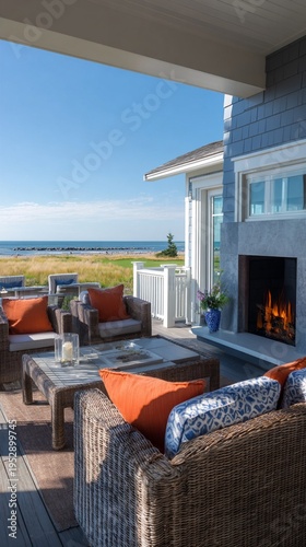 Spacious outdoor living area featuring elegant wicker furniture and vibrant cushions, with a cozy fireplace and stunning ocean views in the tranquil setting of a beachside home.