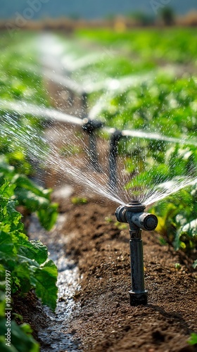 Irrigation system spraying water on vibrant green crops in a field, showcasing agriculture's essential role in sustainable food production and efficient farming practices.