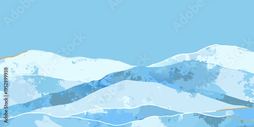 Minimalist landscape depicting blue and white snow capped mountains