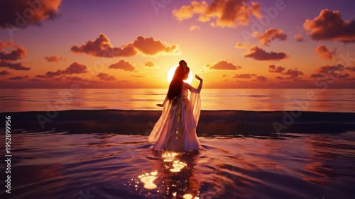 Sunset Embrace of a Woman in a Flowing Dress at The Ocean