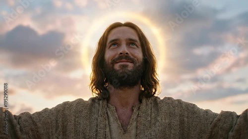 Jesus Christ with arms outstretched looking toward the sky. Holy religious figure against a sunset cloud background. Divine savior portrait for spiritual faith.