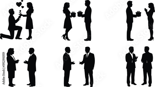 Silhouette collection of couples proposing, gifting, and business people shaking hands isolated on white background, representing love, romance, partnership, agreement, and social interaction concepts