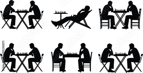 Silhouette collection of people playing chess at table, representing strategy, competition, thinking process, intellectual game, planning skills, and recreational indoor activity concept