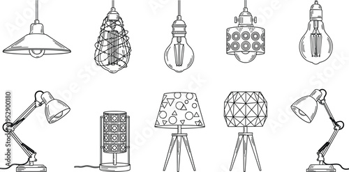 Set of modern and vintage lamp illustrations, black and white lighting fixtures collection including desk lamps, pendant lights, and decorative designs