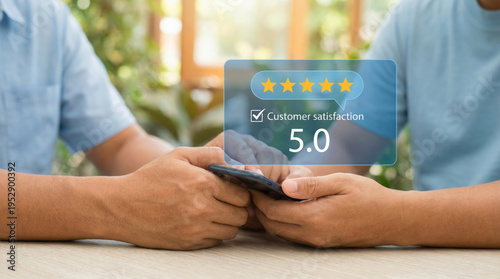 Hands holding a smartphone with a prominent virtual display indicating exceptional customer satisfaction, showcasing a perfect five-star rating and a 5.0 score, symbolizing outstanding service quality