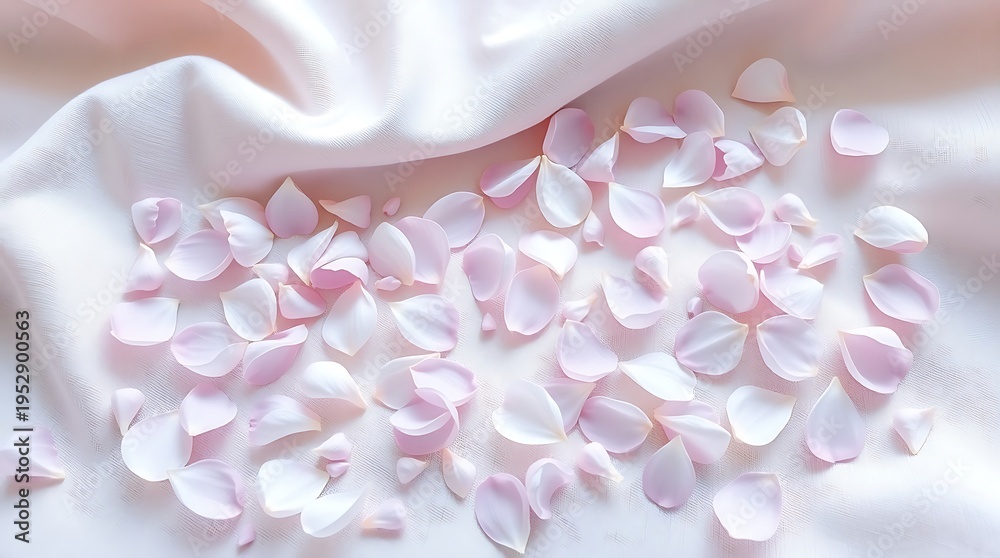Fototapeta premium soft pink flower petals scattered on light pink silk fabric