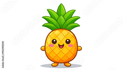 A cheerful cartoon pineapple character with a happy smiling face and vibrant green leafy crown Vector