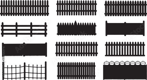 A comprehensive collection of twelve different black silhouette fence designs on a white background