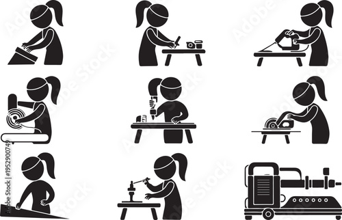 A set of nine black silhouette icons showing women performing various manual and industrial tasks