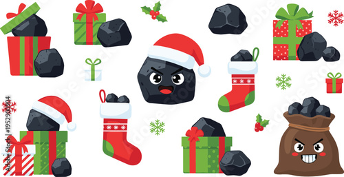Cute coal Christmas characters vector set with gifts stockings Santa hats and festive winter holiday illustration collection