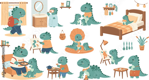 Cute dinosaur family daily life scenes vector set with home activities parenting kids routine and cozy interior illustration