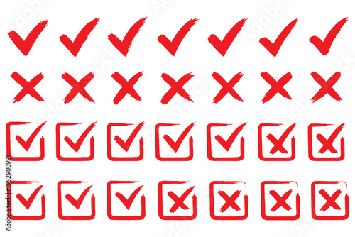 Grunge crayons drawn tick and cross symbols set. Chalk stroke green and red handwriting checkbox wrong right choice marks with rough texture vector graphic