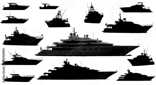 A collection of various luxury yacht and motorboat silhouettes for marine transport design usage