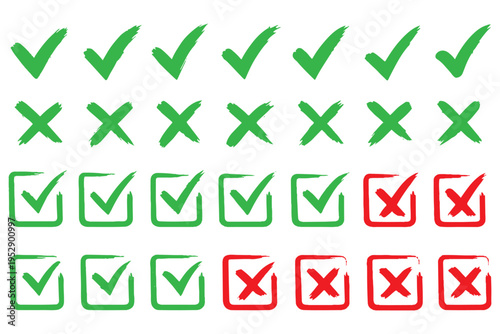 Grunge crayons drawn tick and cross symbols set. Chalk stroke green and red handwriting checkbox wrong right choice marks with rough texture vector graphic