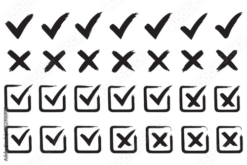 Grunge crayons drawn tick and cross symbols set. Chalk stroke green and red handwriting checkbox wrong right choice marks with rough texture vector graphic