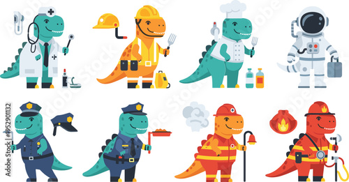 Cute dinosaur profession characters set including doctor builder chef astronaut police and firefighter cartoon vector illustration collection