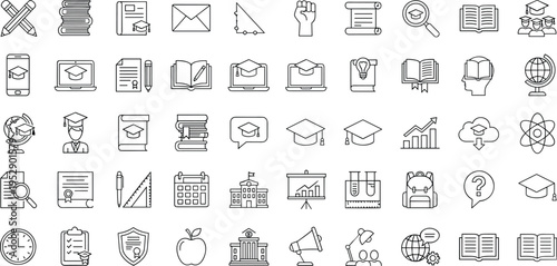Comprehensive education and academic line icon set featuring graduation caps books digital learning tools and school stationery symbols.