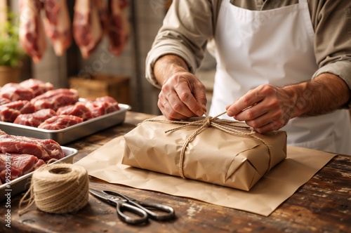 Close-up of butcher hands tying a brown paper package with twine. Wrapping fresh raw meat order on a wooden table in a butcher shop. Traditional food packaging and retail service