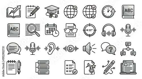 Education icons set in linear style. A collection of education linear icons, including graduation cap, globe, magnifier, calendar, headphones, speaker, book, microphone