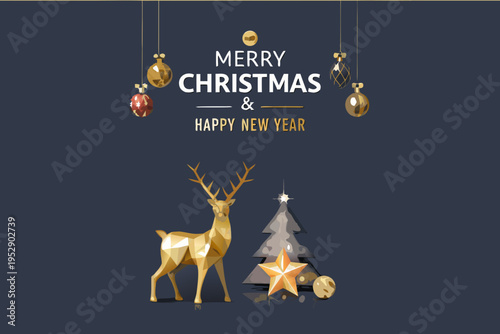 Festive christmas and new year greeting with geometric reindeer and tree