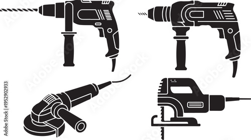 Four distinct silhouettes of various power tools used for drilling and cutting operations