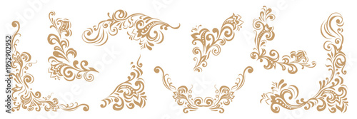 Set of Vintage gold swirl style corners. Russian style, leaf pattern, elegant filigree ornament. Golden arabesque. Vector Slavic traditional motif. For card, wedding, and invitation.