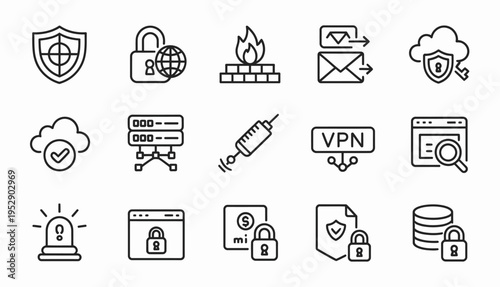 Essential cybersecurity and data protection line icons, featuring firewall, VPN, secure financial documents, and network infrastructure.