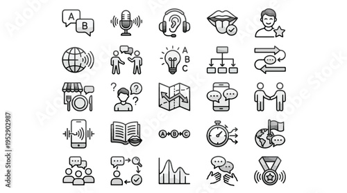 Language Learning and Communication Icon Set in Linear Style. A collection of education icons, including translation, speaking, listening, grammar, vocabulary, study