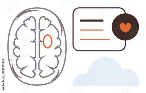 Neurology, mindfulness, mental health, cognitive science, communication, emotions. Brain anatomy diagram with highlighted point, heart in speech bubble cloud shape. Mental health and mindfulness