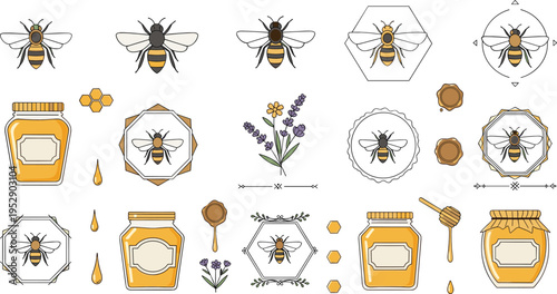 Honey jar and bee vector set with labels lavender flowers hexagon frames and organic beekeeping elements illustration collection