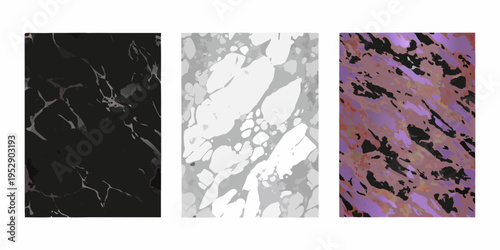 Three abstract marble textures in black white and purple hues