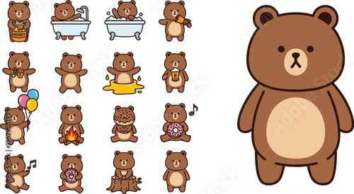 Cute teddy bear activity set with honey bath camping and music, adorable cartoon animals vector illustration collection