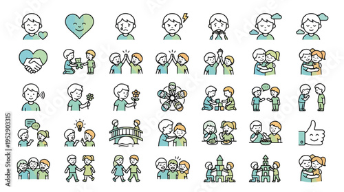 Social Emotional Learning Icon Set for Kids in Line Style. A collection of linear icons representing children sharing, empathy, hugging, listening, talking, teamwork, and more. Vector art.