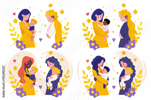 Diverse mothers lovingly embracing and holding their babies in floral designs