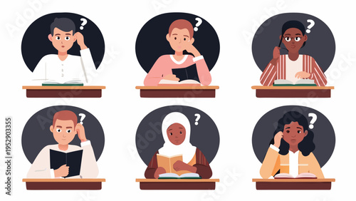 Diverse students contemplate questions while studying at their desks