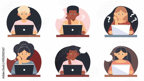Diverse group of people thoughtfully using laptops and experiencing confusion