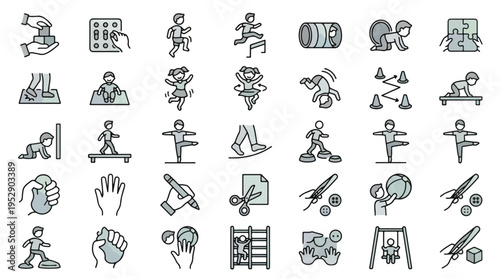 Pediatric Motor Skills Icon Set in Linear Style. A collection of development icons, including balance, jumping, crawling, fine motor, puzzle, scissors, climbing, swing