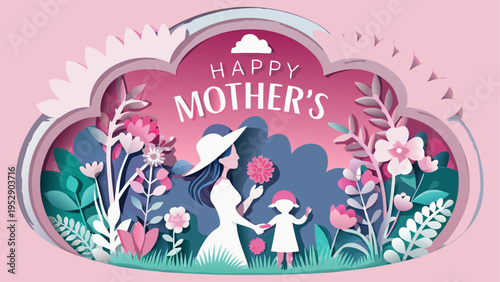 Mother's Day illustration of mom and daughter in floral garden vector