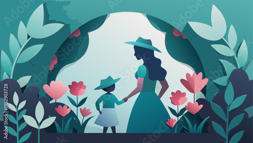 Vector illustration of mother and child in garden with flowers