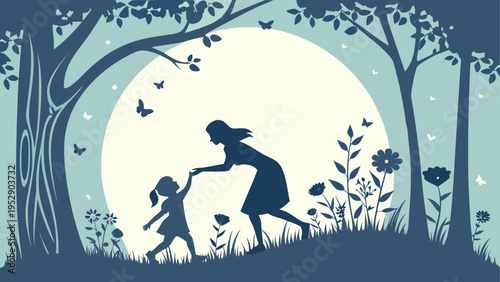Vector illustration of mother and child in forest at moonlight